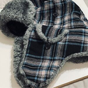 Boys Trapper Hat Faux Fur Lined Ear Flaps Black Blue Gray Youth Medium